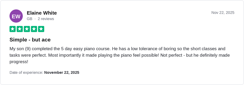 Five-star Trustpilot review from Elaine White