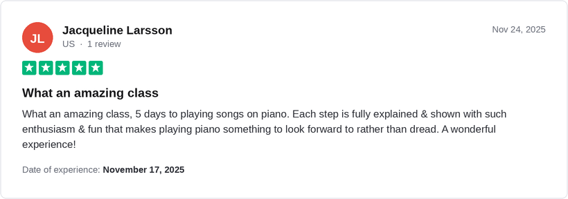 Five-star Trustpilot review from Jacqueline Larsson