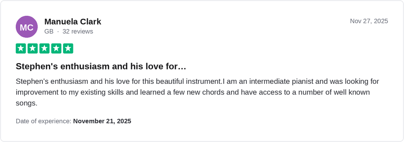 Five-star Trustpilot review from Manuela Clark